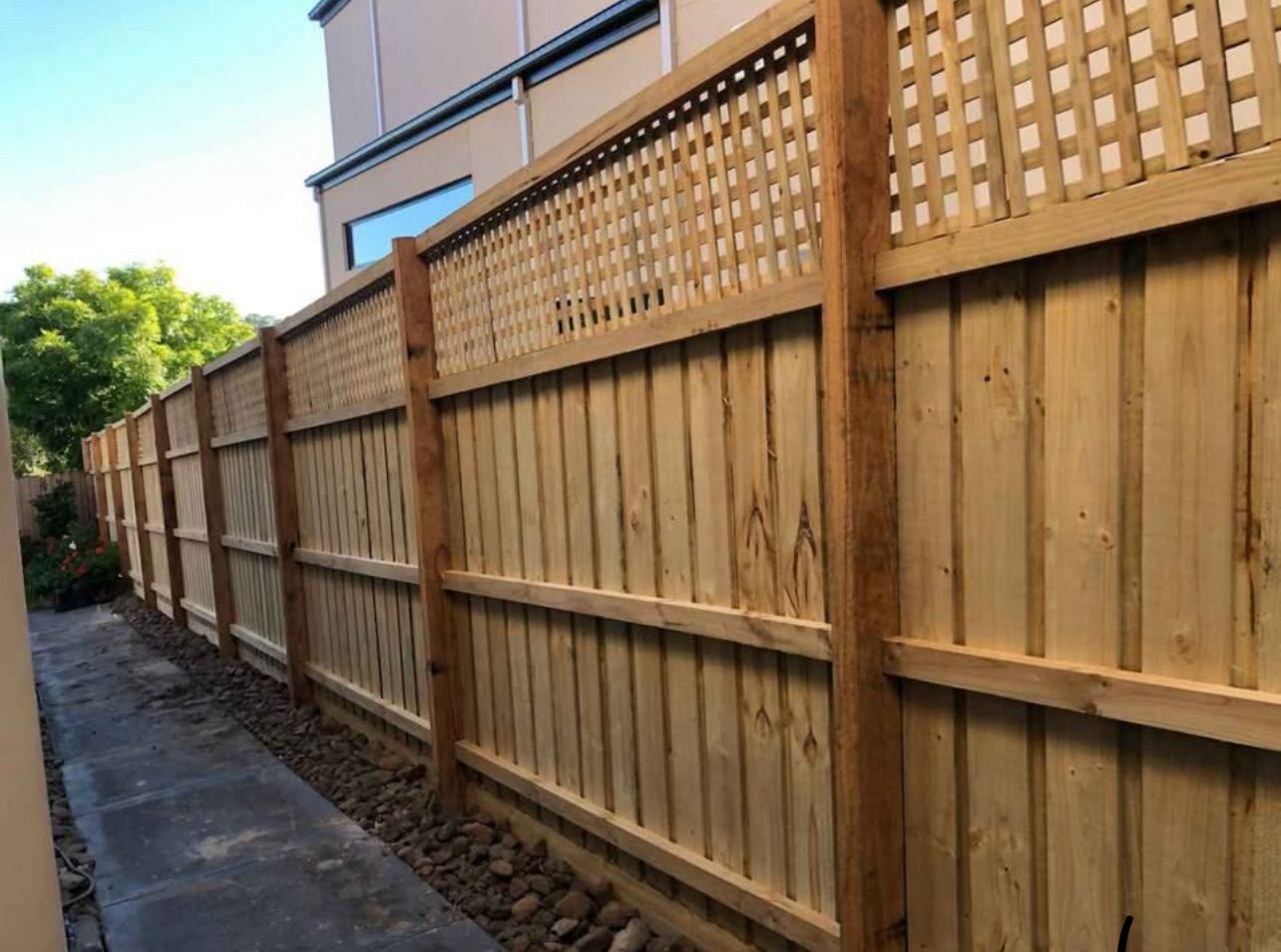 Hardwood timber paling fence with lattice top